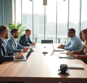 Suppliers discussing contract agreements in a bright office environment.