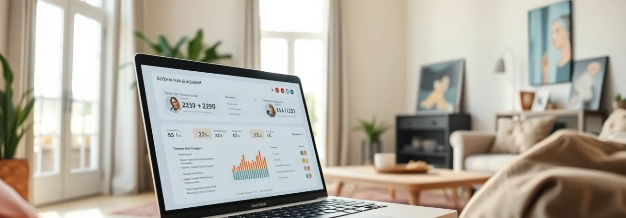 AI for Airbnb hosts facilitating property management on a modern laptop in a cozy living room.