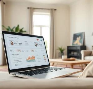 AI for Airbnb hosts facilitating property management on a modern laptop in a cozy living room.