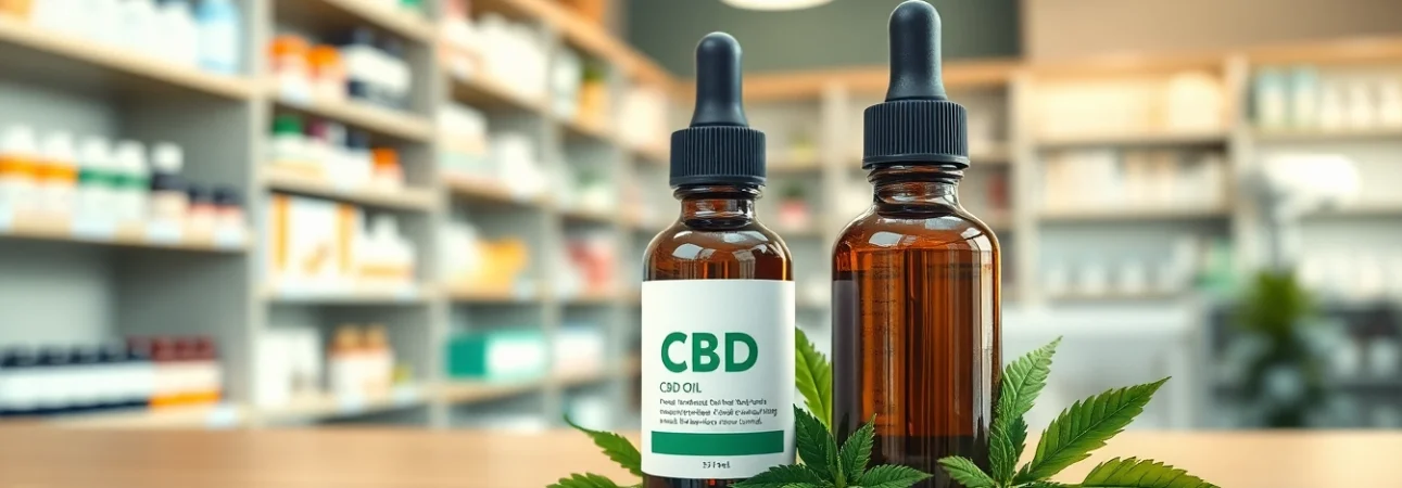 Buy CBD Oil In Mumbai, Maharastra | CannaMeds India showcased in a modern pharmacy setting with greenery.