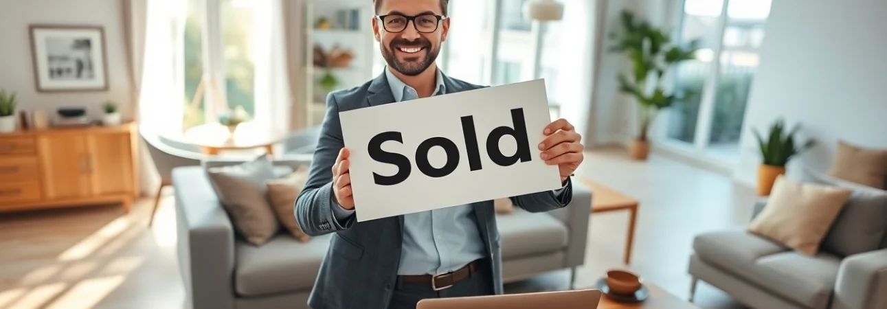 Sell my house fast okc with a professional showing a "Sold" sign in a bright living room.