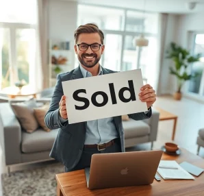 Sell my house fast okc with a professional showing a "Sold" sign in a bright living room.