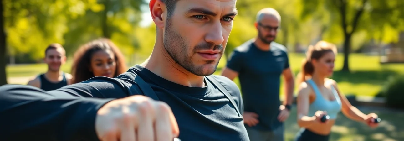 Boost your fitness with a personal trainer near me demonstrating an outdoor workout session.