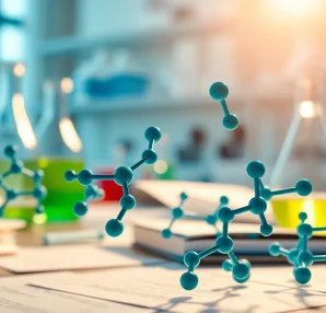 Amino acids molecular structures displayed prominently in a scientific lab setting.