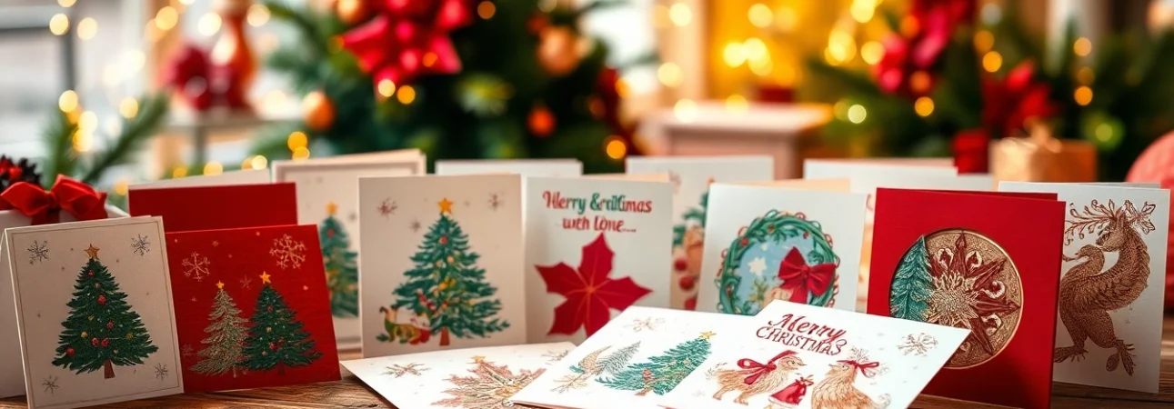 Explore unique Christmas cards Hackney showcased on a festive table setting with holiday decorations.
