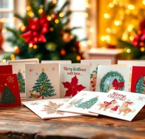 Explore unique Christmas cards Hackney showcased on a festive table setting with holiday decorations.
