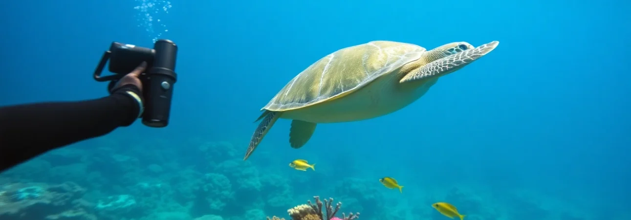 Swim with turtles in a stunning underwater setting during a turtle snorkel adventure.