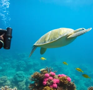 Swim with turtles in a stunning underwater setting during a turtle snorkel adventure.