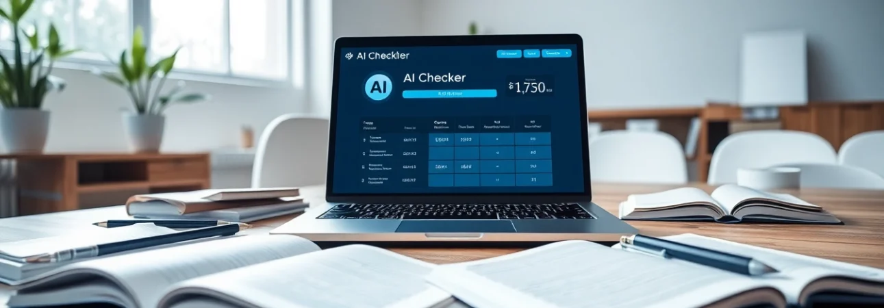 Analyze text using the ai checker tool displayed on a laptop surrounded by stationery.