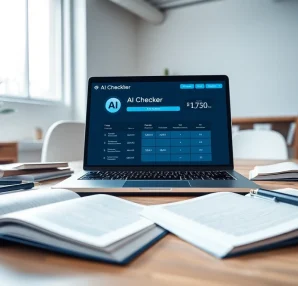 Analyze text using the ai checker tool displayed on a laptop surrounded by stationery.