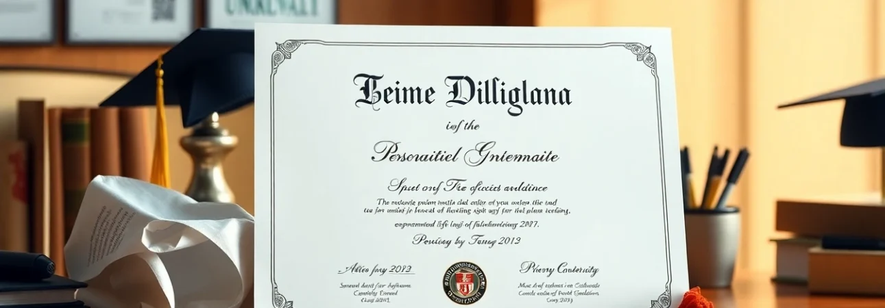 Buy a fake diploma displayed on a desk with graduation memorabilia and natural lighting.