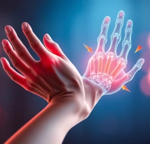 Rheuma verursacht Schwellungen in den Gelenken der Hand und des Handgelenks.