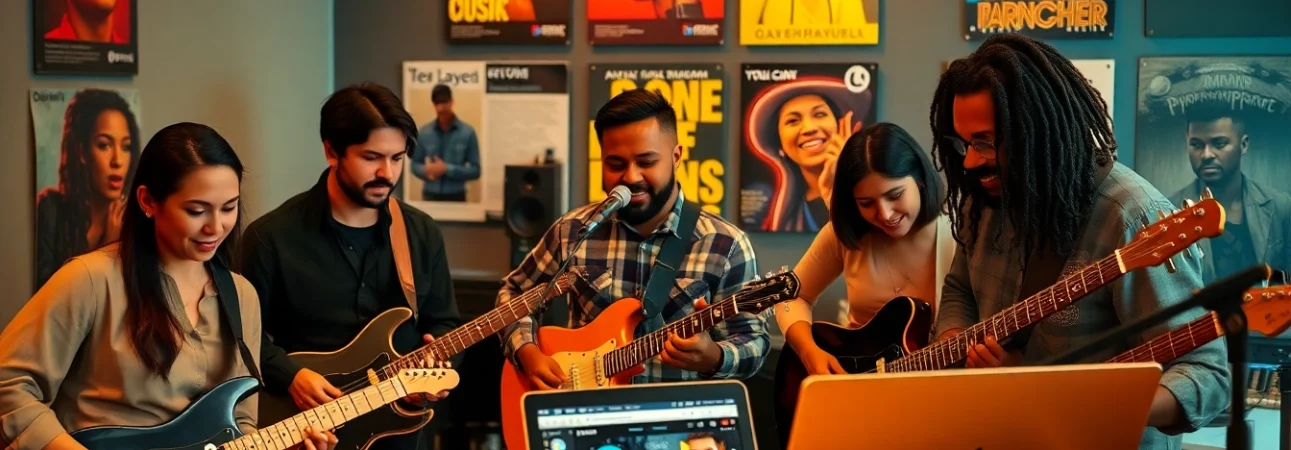 Engaged musicians collaborating to promote their music using music promotion services in a vibrant studio setting.