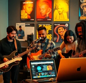 Engaged musicians collaborating to promote their music using music promotion services in a vibrant studio setting.
