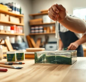 Apply laminating resin in a workshop with tools and molds in the background.