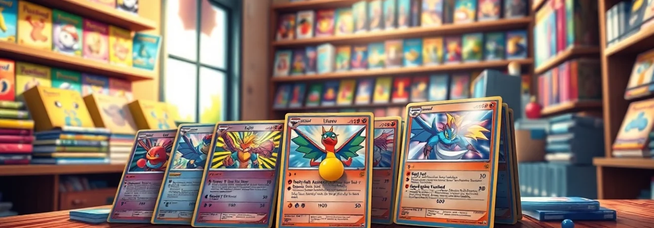Showcase of Pokemon tcg india collection featuring vibrant cards on display in a gaming shop setting.