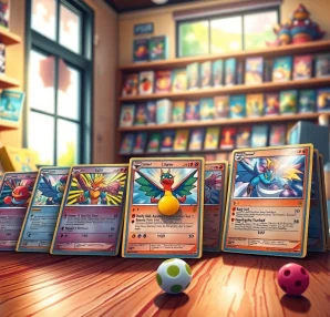Showcase of Pokemon tcg india collection featuring vibrant cards on display in a gaming shop setting.