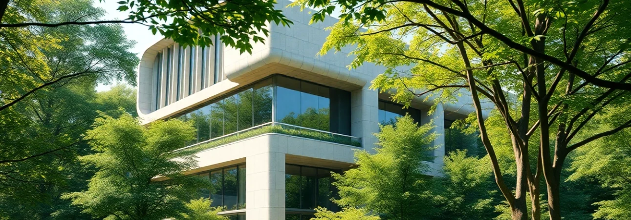Faszinierende Architekturvisualisierung eines modernen Gebäudes, umgeben von lebendiger Natur.