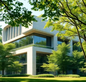 Faszinierende Architekturvisualisierung eines modernen Gebäudes, umgeben von lebendiger Natur.