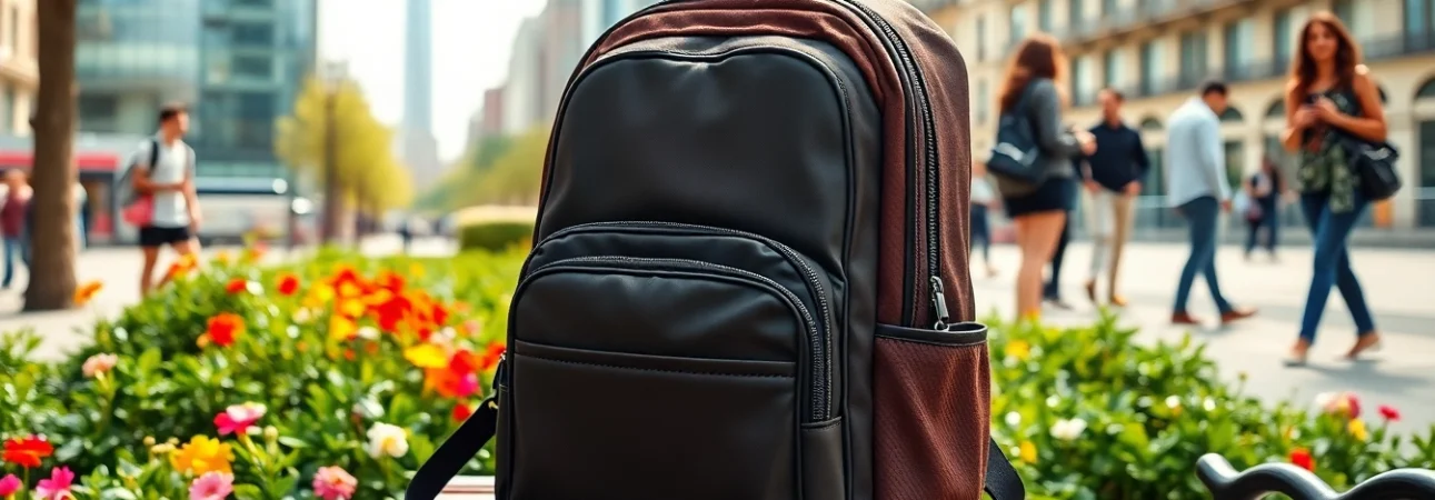 Stylish London Backpack brand on an urban bench, inviting exploration.