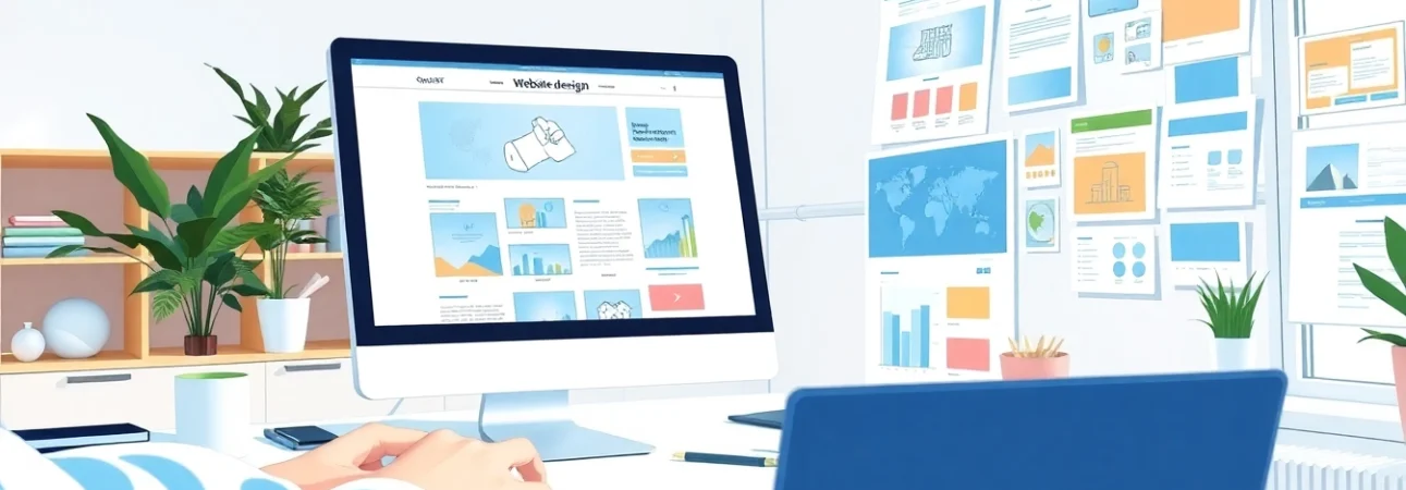 Creating an engaging website design in a bright and modern workspace with creative resources.