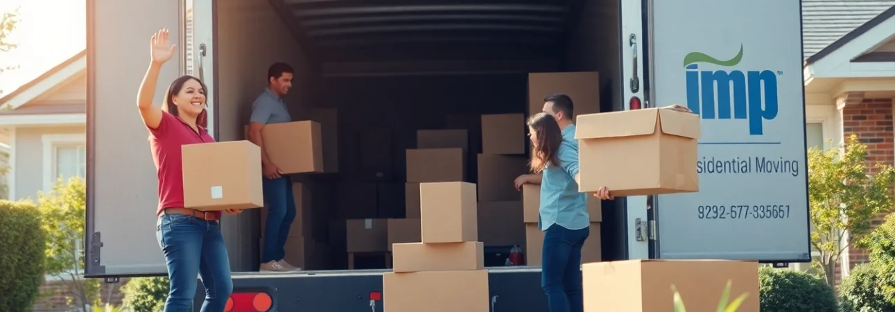 Residential Moving Company team efficiently loading boxes into a truck in a residential setting.