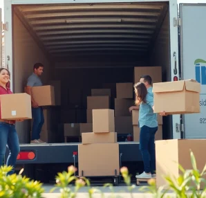 Residential Moving Company team efficiently loading boxes into a truck in a residential setting.