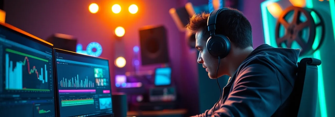 Editing Post Production Toronto session highlighting the modern editing equipment and professional atmosphere.