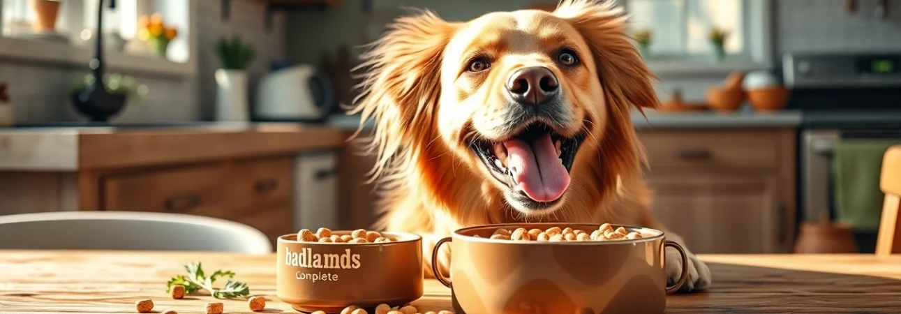 Dog happily eating badlands ranch superfood complete from a stylish bowl in a cozy kitchen.