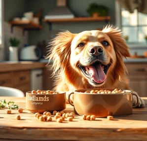 Dog happily eating badlands ranch superfood complete from a stylish bowl in a cozy kitchen.