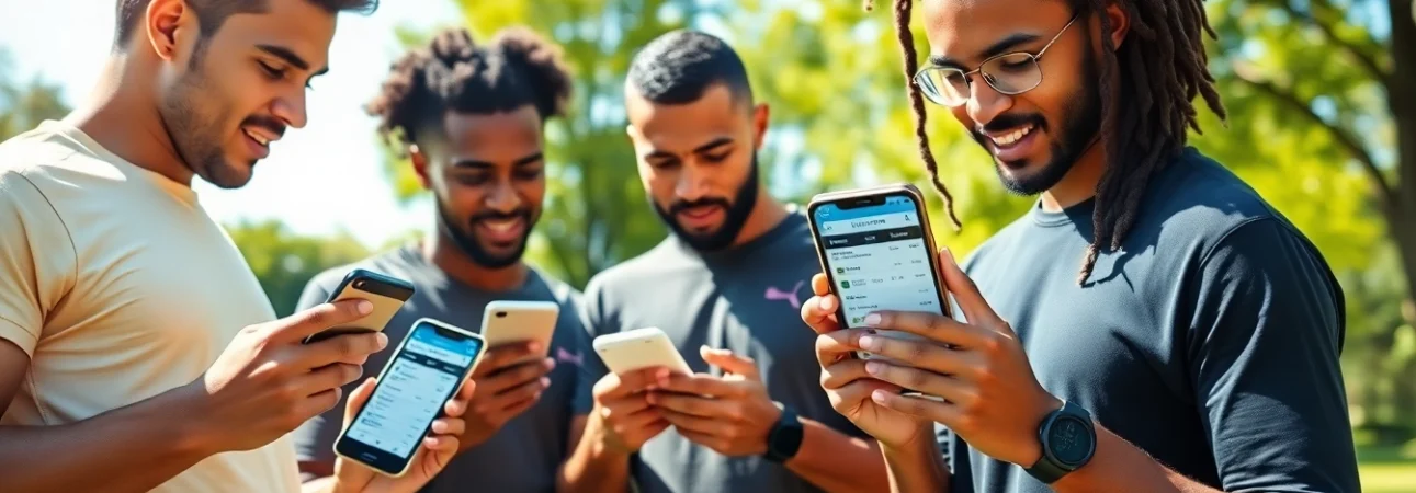 Enthusiastic group exploring the Best sports betting apps on smartphones in a sunny park.