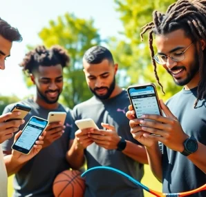 Enthusiastic group exploring the Best sports betting apps on smartphones in a sunny park.