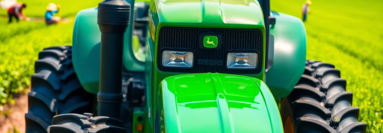 John Deere Traktor in einem grünen Feld während der Arbeit auf dem Bauernhof.
