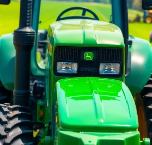 John Deere Traktor in einem grünen Feld während der Arbeit auf dem Bauernhof.