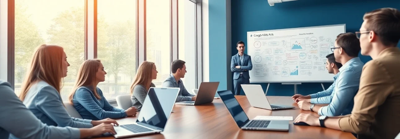 Engaging team meeting focused on strategies for https://inkwellmarketinggroup.com/google-ads-marketing.