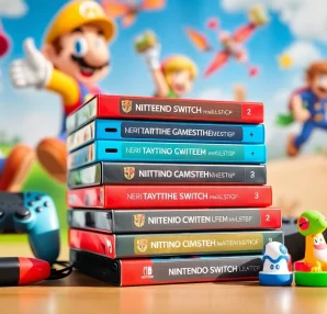 Centrally focused Nintendo Switch games displayed with popular game characters, inspiring gameplay.