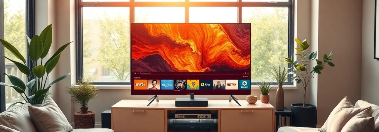 Comprar IPTV en un elegante salón con un TV mostrando contenido vibrante