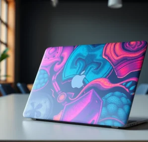Showcase vibrant MacBook skins decorating a stylish laptop in a modern office environment.