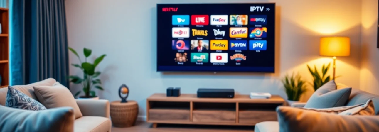 Comprar IPTV en un hogar acogedor con un televisor grande mostrando canales diversos.