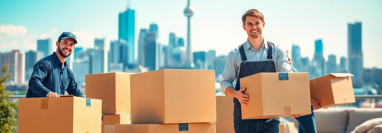 Active Toronto moving scene with professional movers efficiently relocating boxes and furniture.