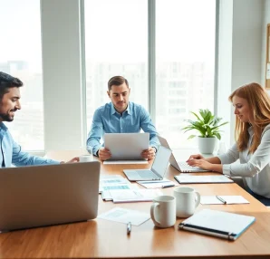 QSM document clearing services team at work in a bright office environment with organized documents.