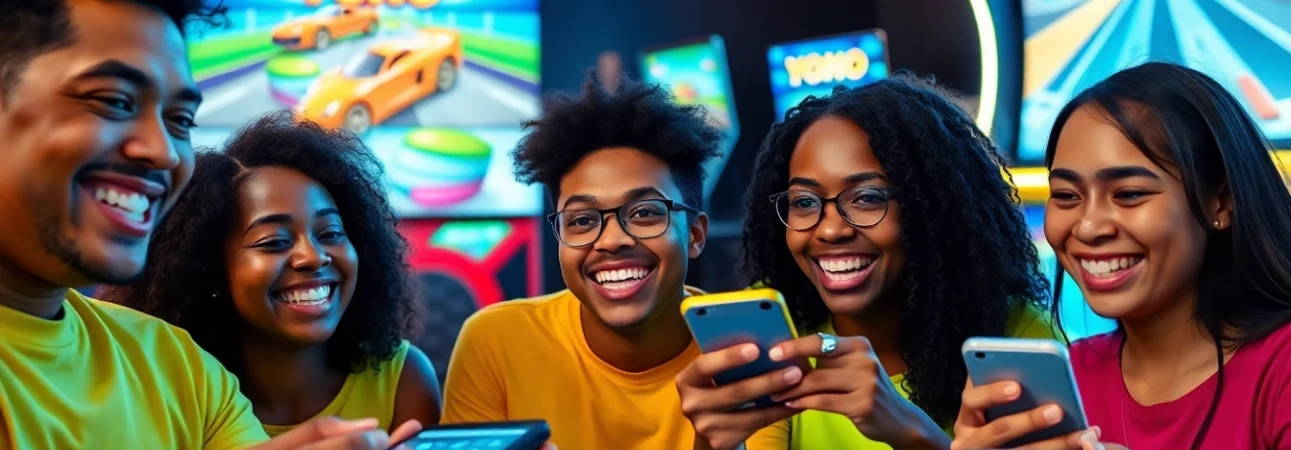 Players enjoying YONO GAMES on mobile devices in a lively gaming environment.