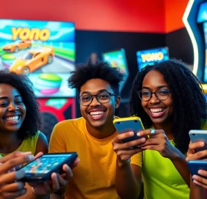 Players enjoying YONO GAMES on mobile devices in a lively gaming environment.
