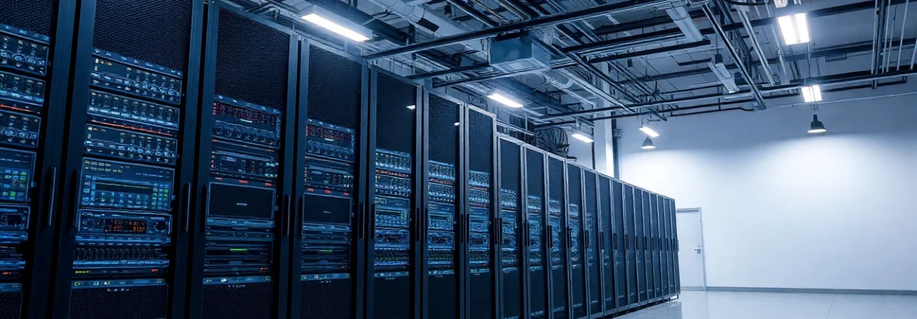 Mayorista de infraestructura que exhibe equipos tecnológicos modernos y servidores en un entorno profesional.