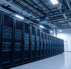 Mayorista de infraestructura que exhibe equipos tecnológicos modernos y servidores en un entorno profesional.