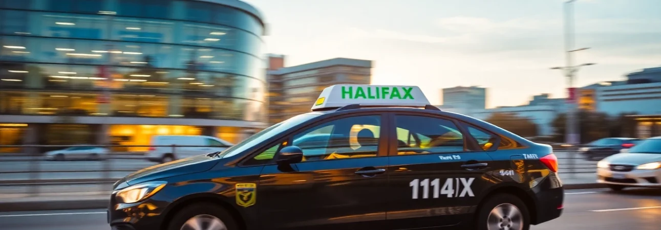 Halifax airport taxis provide reliable transport, showcasing a sleek vehicle in action against a city backdrop.