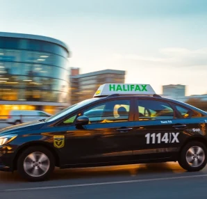 Halifax airport taxis provide reliable transport, showcasing a sleek vehicle in action against a city backdrop.
