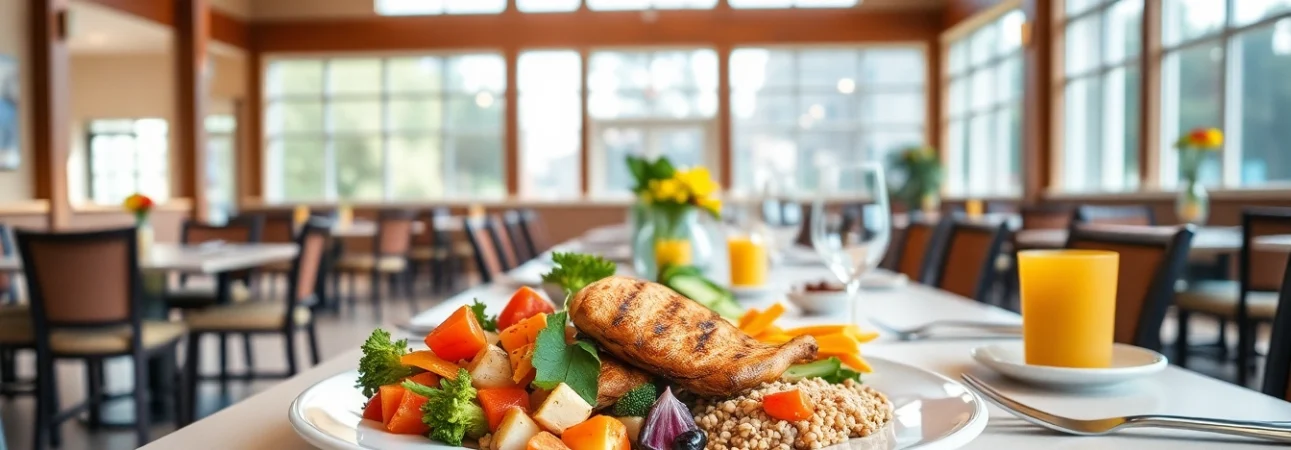 Engaging photo of a henderson nv senior center menu, showcasing a colorful meal served in a community dining space.