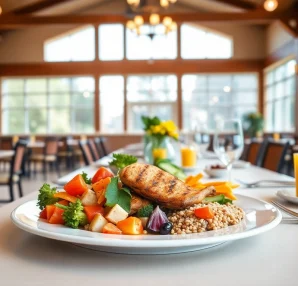 Engaging photo of a henderson nv senior center menu, showcasing a colorful meal served in a community dining space.