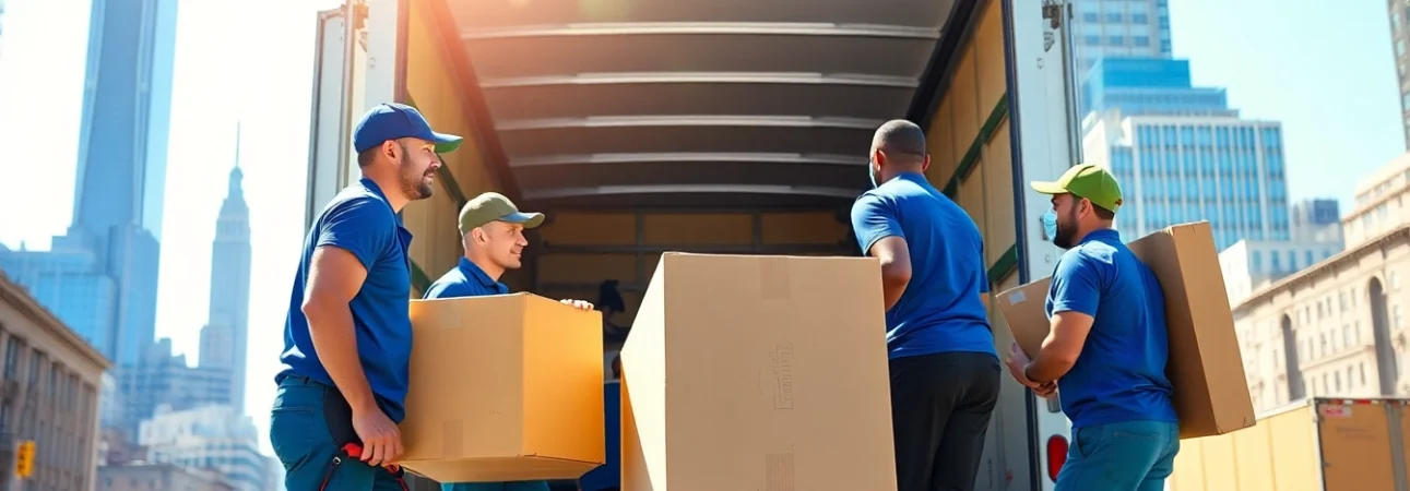 Professional team from Manhattan moving company loading furniture into a truck.